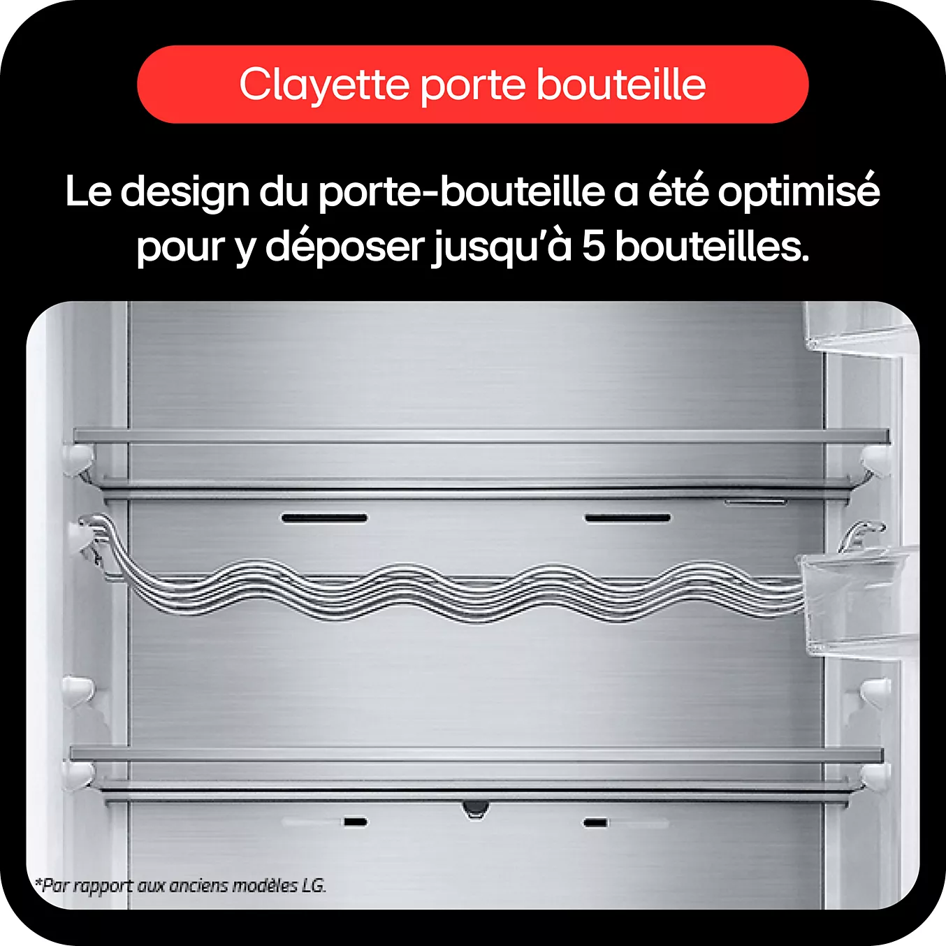 Le réfrigérateur LG GBV3200DPY est équipé d’un porte-bouteilles en métal pouvant contenir jusqu’à 5 bouteilles.