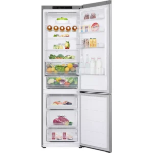 Le réfrigérateur LG GBV3200DPY est ouvert et présente, dans des compartiments transparents, des aliments, des boissons, des fruits, des légumes et de la viande soigneusement rangés.