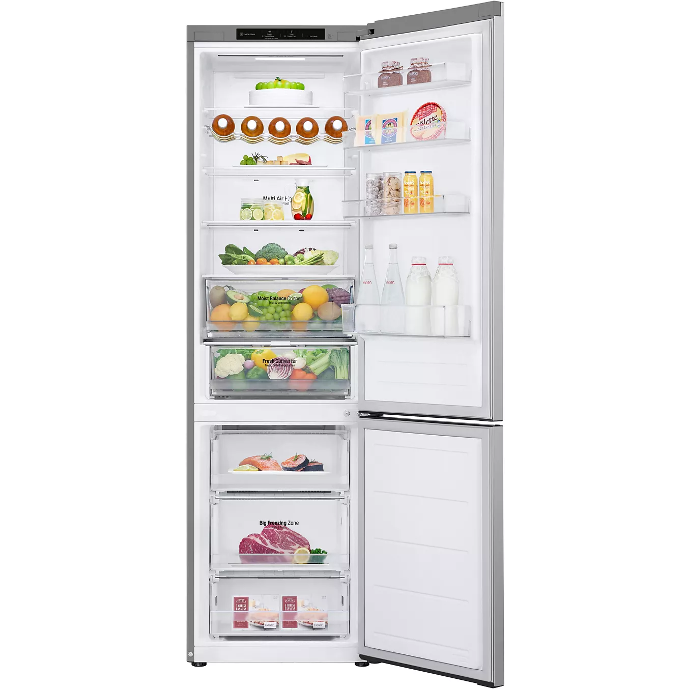 Le réfrigérateur LG GBV3200DPY est ouvert et présente, dans des compartiments transparents, des aliments, des boissons, des fruits, des légumes et de la viande soigneusement rangés.