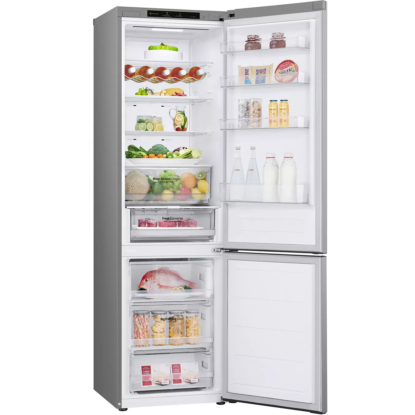 Ouvrez le réfrigérateur LG GBV3200DPY pour découvrir des aliments soigneusement rangés sur ses étagères et dans ses tiroirs.