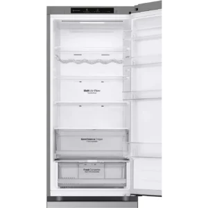 Ouvrez le réfrigérateur LG GBV3200DPY pour découvrir ses étagères vides, ses compartiments de porte et ses tiroirs étiquetés destinés aux fruits et légumes et à la circulation de l'air.