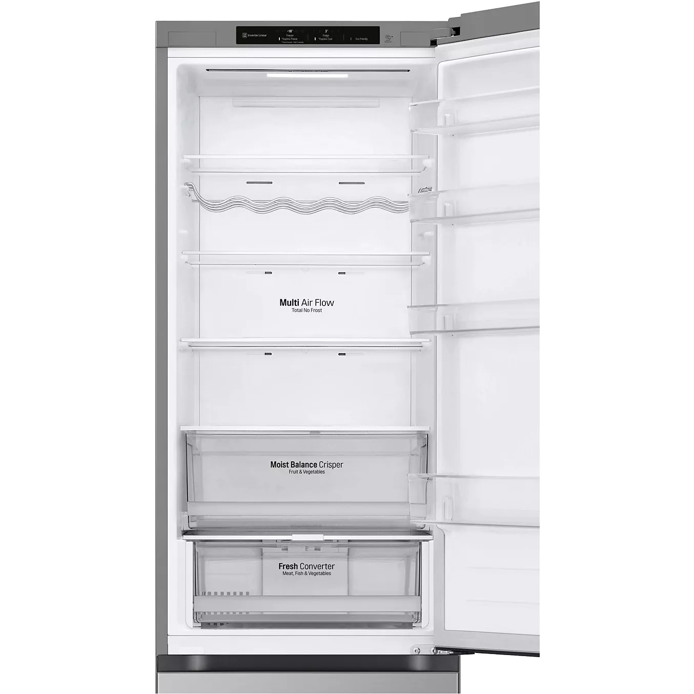 Ouvrez le réfrigérateur LG GBV3200DPY pour découvrir ses étagères vides, ses compartiments de porte et ses tiroirs étiquetés destinés aux fruits et légumes et à la circulation de l'air.
