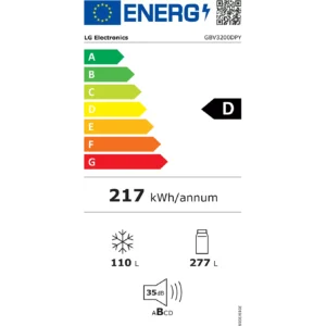 Le réfrigérateur LG GBV3200DPY affiche une classe énergétique D, consomme 217 kWh/an, offre une capacité de 110 L pour le congélateur et de 277 L pour le réfrigérateur, et fonctionne silencieusement à 35 dB.