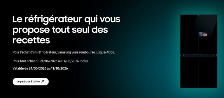 Un réfrigérateur SAMSUNG noir aux lignes épurées sur un fond bleu dégradé, avec à gauche un texte promotionnel en français mentionnant « FROID » et « AVRIL 2025 ».