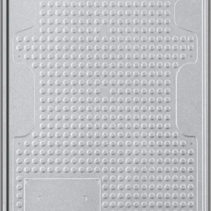 Vue arrière du réfrigérateur SAMSUNG RB34C602EB1 de couleur argentée, avec ses évents, son autocollant et ses panneaux métalliques texturés.