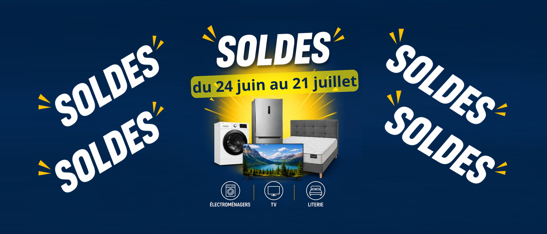 Bannière promotionnelle des « French Days » avec le texte « Soldes », les dates du 24 juin au 21 juillet et des images d'appareils électroménagers, d'une télévision et d'un lit : préparez-vous à profiter d'offres exceptionnelles avant mai 2026 !.