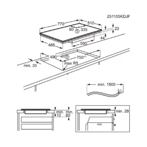 Schéma technique de la table de cuisson AEG TI84IU00IT, indiquant les dimensions précises et les spécifications d'installation.