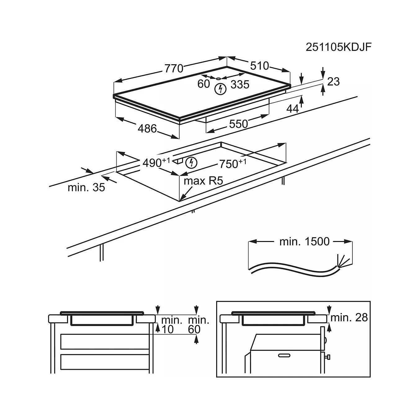 Schéma technique de la table de cuisson AEG TI84IU00IT, indiquant les dimensions précises et les spécifications d'installation.