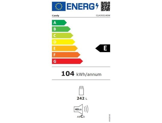 Étiquette énergétique européenne du réfrigérateur CANDY CCH2T618EXBF (Copie) : classe E, 104 kWh/an, capacité de 242 L, niveau sonore de 40 dB — un choix efficace pour votre foyer.