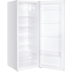 Un réfrigérateur CANDY CCH2T618EXBF (Copie) blanc, ouvert et vide, laisse apparaître ses étagères et ses compartiments de porte.