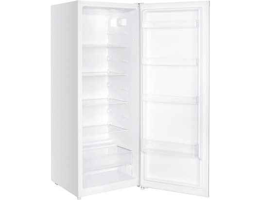 Un réfrigérateur CANDY CCH2T618EXBF (Copie) blanc, ouvert et vide, laisse apparaître ses étagères et ses compartiments de porte.