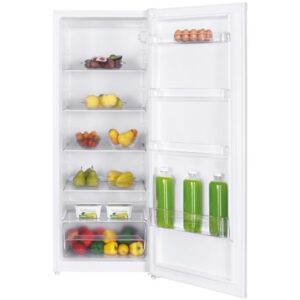 Ouvrez le réfrigérateur CANDY CCH2T618EXBF (Copie) pour découvrir des fruits, des légumes, des œufs et des boissons vertes en bouteille soigneusement rangés sur les étagères et dans la porte, ce qui permet de conserver vos courses au frais et bien rangées.