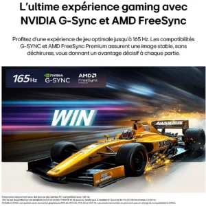 Une voiture de Formule 1 jaune file à toute allure sur la piste, mettant en avant la prise en charge des technologies NVIDIA G-Sync et AMD FreeSync par le moniteur de jeu LG OLED65C6 (Copie), qui offre des images éclatantes rivalisant avec le réalisme d'un téléviseur OLED.