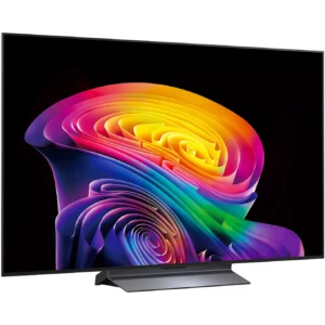 Un téléviseur à écran plat LG OLED65C6 (Copie) dernier cri, sur lequel s'affiche un motif abstrait en spirale aux couleurs vives et éclatantes.