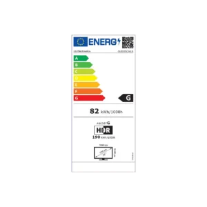 Étiquette énergétique du LG OLED65C6 (Copie), un téléviseur OLED LG haut de gamme, classé G avec une consommation d'énergie de 82 kWh/1 000 h (HDR : 190 kWh/1 000 h) et doté d'une résolution exceptionnelle de 3 840 x 2 160 pixels.
