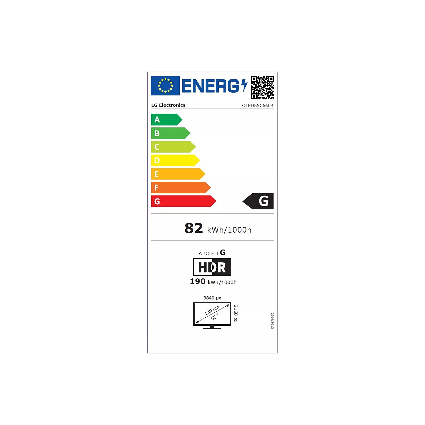 Étiquette énergétique du LG OLED65C6 (Copie), un téléviseur OLED LG haut de gamme, classé G avec une consommation d'énergie de 82 kWh/1 000 h (HDR : 190 kWh/1 000 h) et doté d'une résolution exceptionnelle de 3 840 x 2 160 pixels.