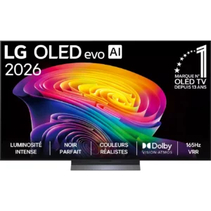 Vue de face d'un téléviseur LG OLED65C6 affichant des couleurs éclatantes et ses caractéristiques techniques à l'écran.