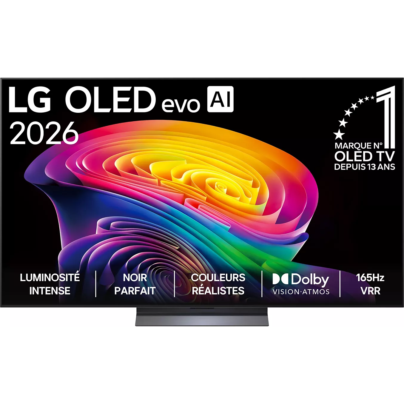 Vue de face d'un téléviseur LG OLED65C6 affichant des couleurs éclatantes et ses caractéristiques techniques à l'écran.