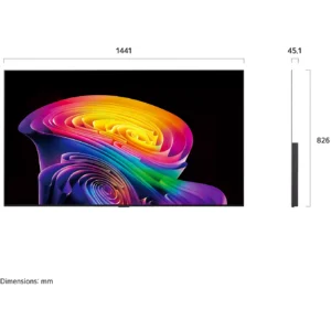 Téléviseur à écran plat LG OLED65C6 avec affichage abstrait coloré, dont les dimensions sont les suivantes : 1 441 mm de largeur, 826 mm de hauteur et 45,1 mm de profondeur.