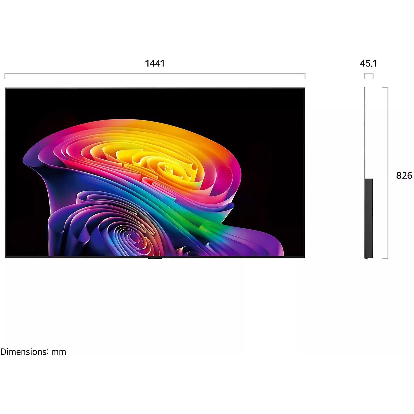 Téléviseur à écran plat LG OLED65C6 avec affichage abstrait coloré, dont les dimensions sont les suivantes : 1 441 mm de largeur, 826 mm de hauteur et 45,1 mm de profondeur.