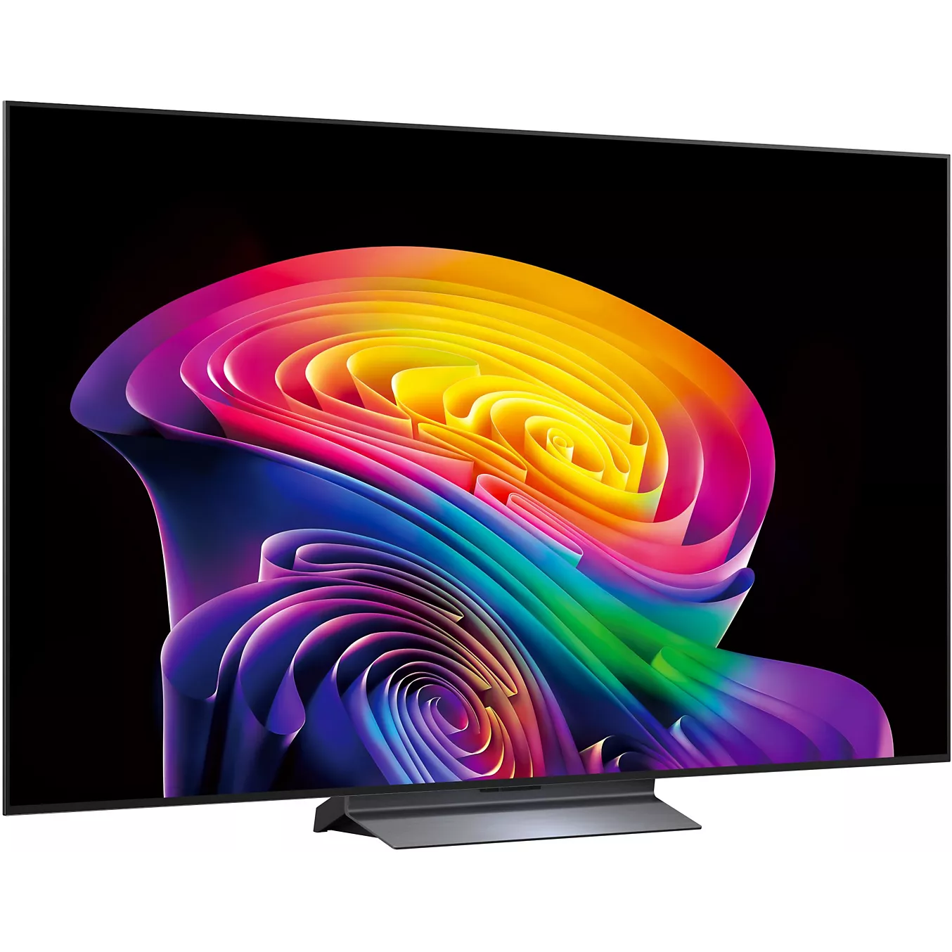 Le LG OLED65C6, un téléviseur à écran plat moderne, affiche un tourbillon abstrait coloré sur fond noir.