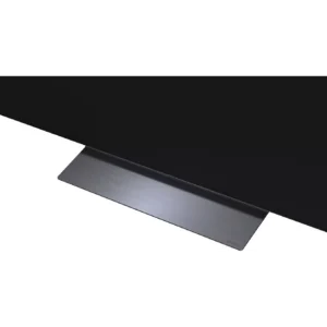 Gros plan sur le téléviseur à écran plat LG OLED65C6, doté d'un socle rectangulaire métallique fin, sur un fond clair.