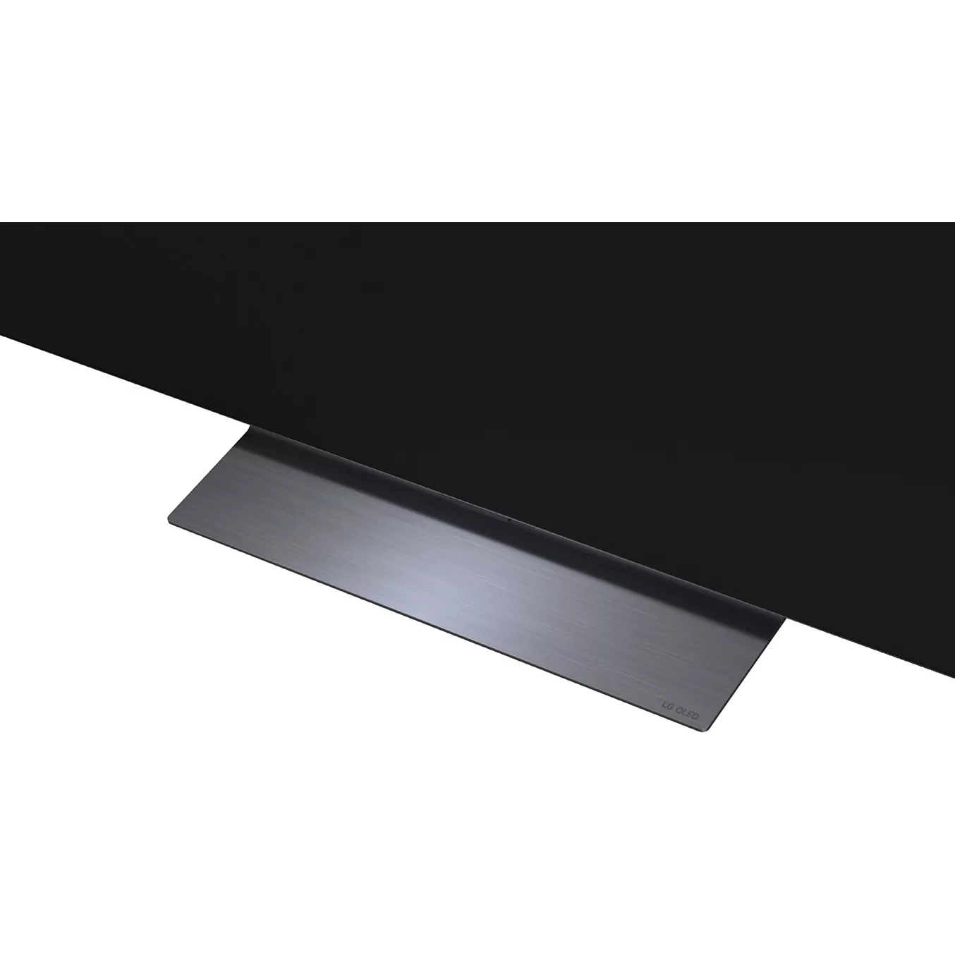 Gros plan sur le téléviseur à écran plat LG OLED65C6, doté d'un socle rectangulaire métallique fin, sur un fond clair.