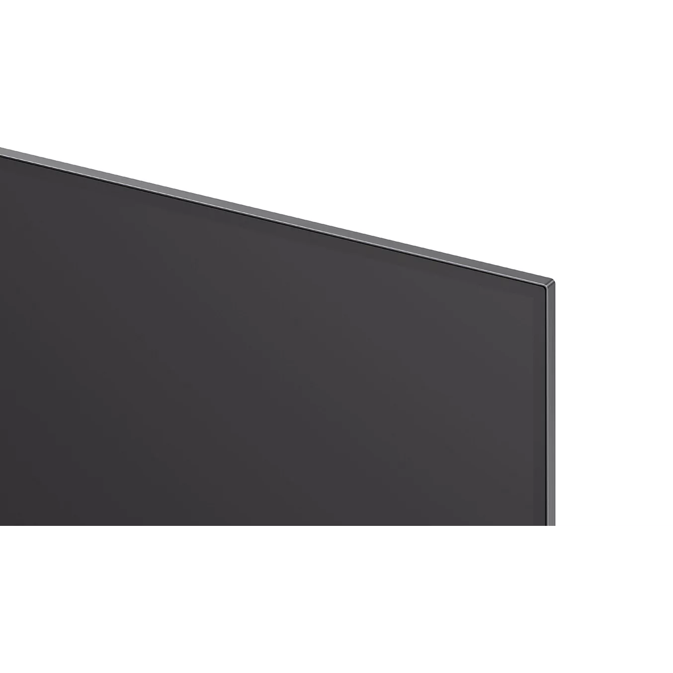 Gros plan sur le coin supérieur du téléviseur à écran plat LG OLED65C6, doté d'un fin cadre noir, sur fond blanc.