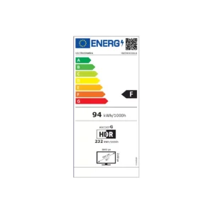 Étiquette énergétique européenne du téléviseur LG OLED65C6, classé F, consommant 94 kWh pour 1 000 heures avec la fonction HDR activée, et doté d'une résolution de 3 840 x 2 160.