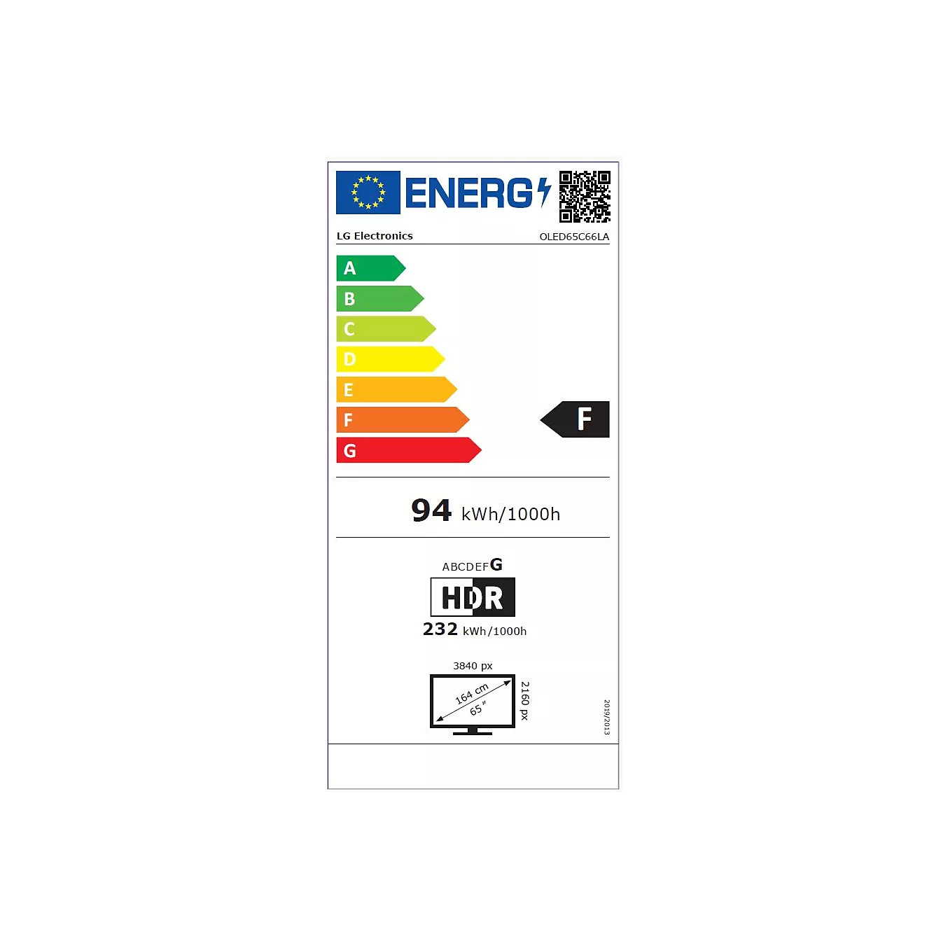 Étiquette énergétique européenne du téléviseur LG OLED65C6, classé F, consommant 94 kWh pour 1 000 heures avec la fonction HDR activée, et doté d'une résolution de 3 840 x 2 160.
