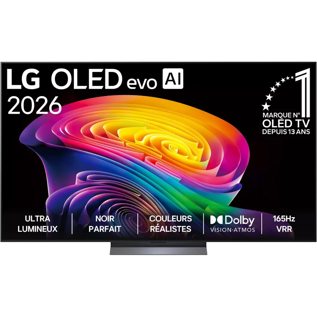 Vue de face du téléviseur LG OLED77C6 affichant un tourbillon abstrait coloré à l'écran.