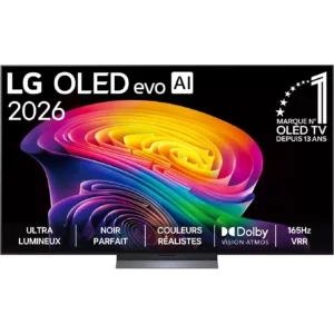 Vue de face du téléviseur LG OLED77C6 affichant un tourbillon abstrait coloré à l'écran.