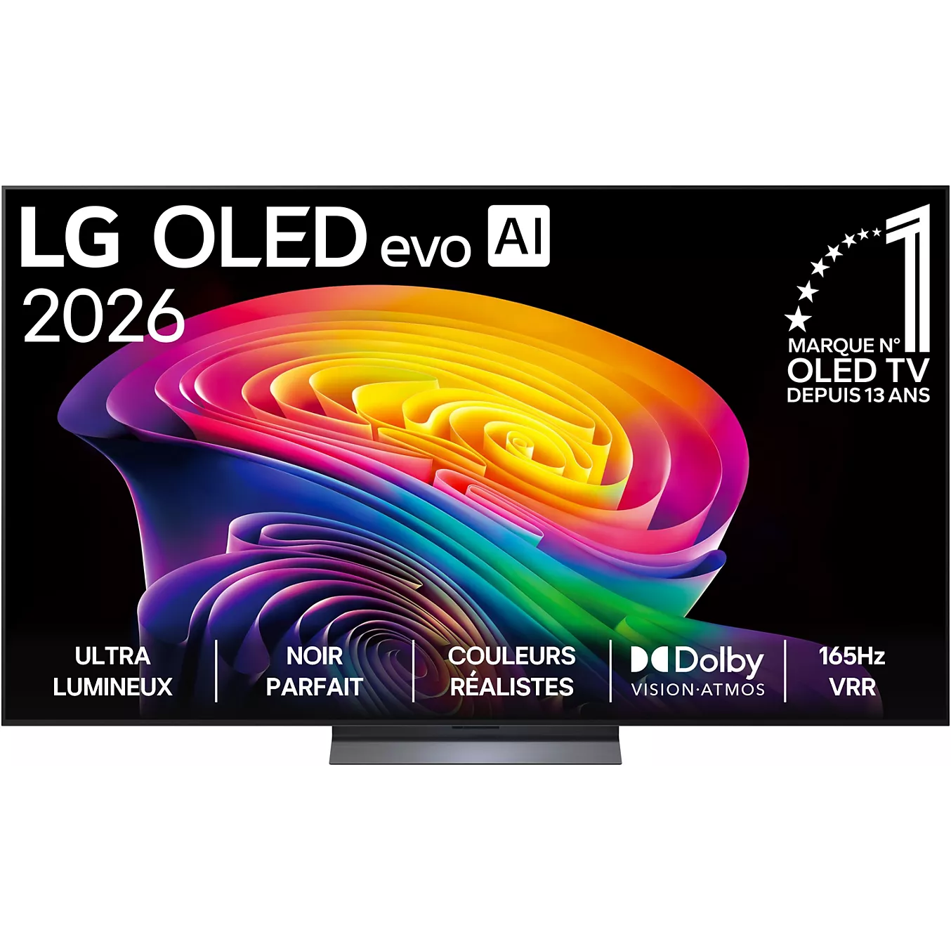 Vue de face du téléviseur LG OLED77C6 affichant un tourbillon abstrait coloré à l'écran.
