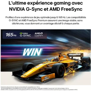 Une voiture de Formule 1 jaune file à toute allure sur un circuit où s'affiche le mot « WIN », dans le cadre d'une campagne promotionnelle pour le téléviseur LG OLED77C6, compatible avec les technologies NVIDIA G-SYNC et AMD FreeSync.