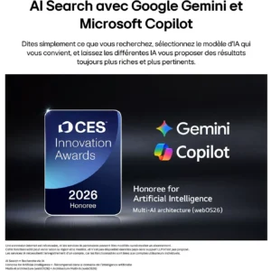 Badge « CES 2026 Innovation Awards » à côté du logo LG OLED77C6, accompagné d'un texte en français sur la recherche par IA.