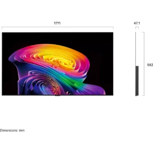 Le téléviseur à écran plat LG OLED77C6 offre des images aux couleurs éclatantes et mesure 1 711 mm de large, 982 mm de haut et 47,1 mm de profondeur.