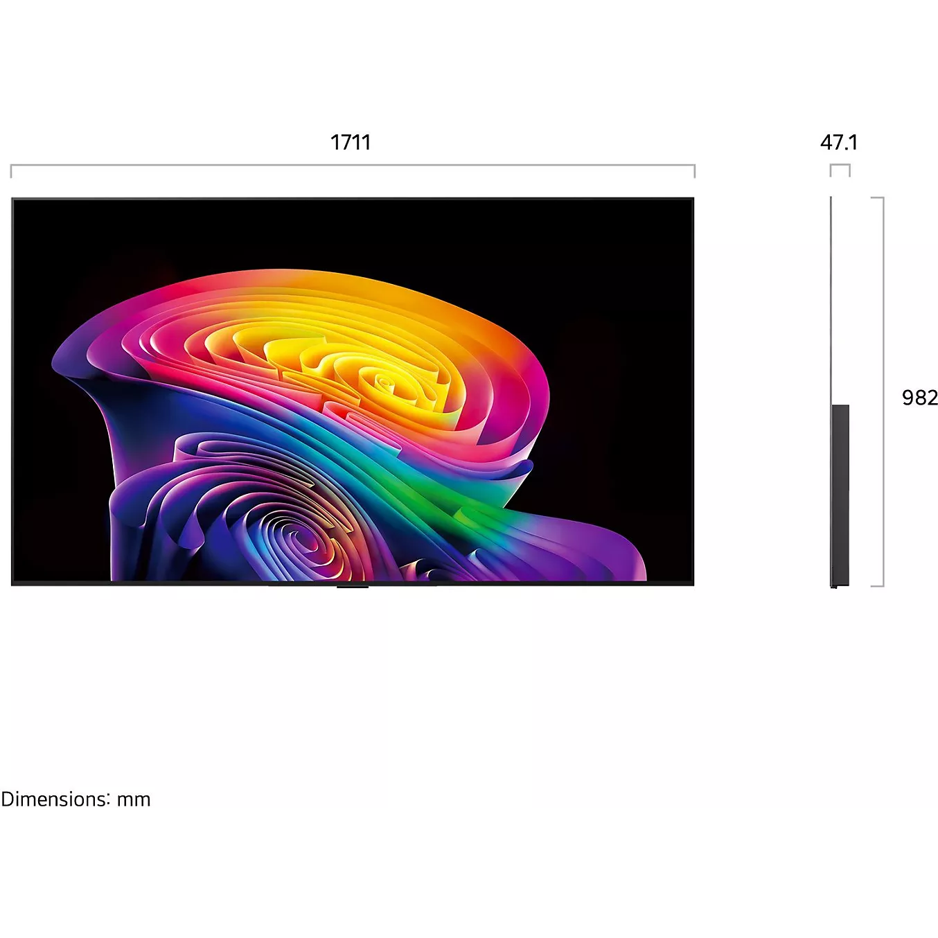 Le téléviseur à écran plat LG OLED77C6 offre des images aux couleurs éclatantes et mesure 1 711 mm de large, 982 mm de haut et 47,1 mm de profondeur.