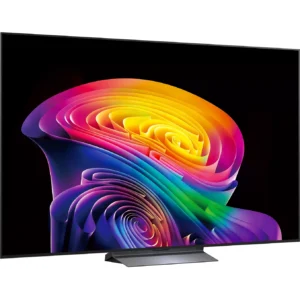Le téléviseur à écran plat LG OLED77C6 arbore un motif abstrait aux tourbillons colorés et éclatants sur fond noir.