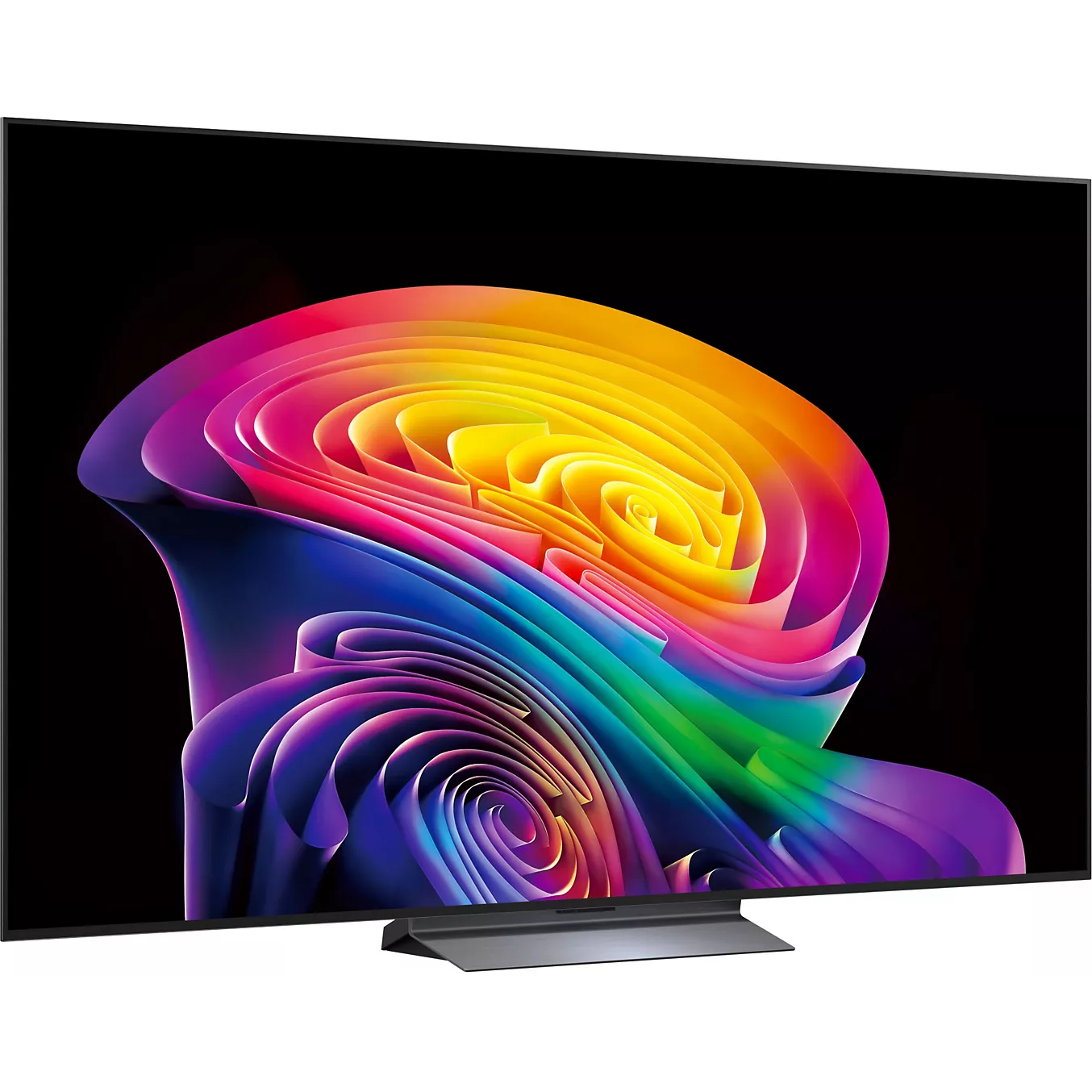 Le téléviseur à écran plat LG OLED77C6 arbore un motif abstrait aux tourbillons colorés et éclatants sur fond noir.