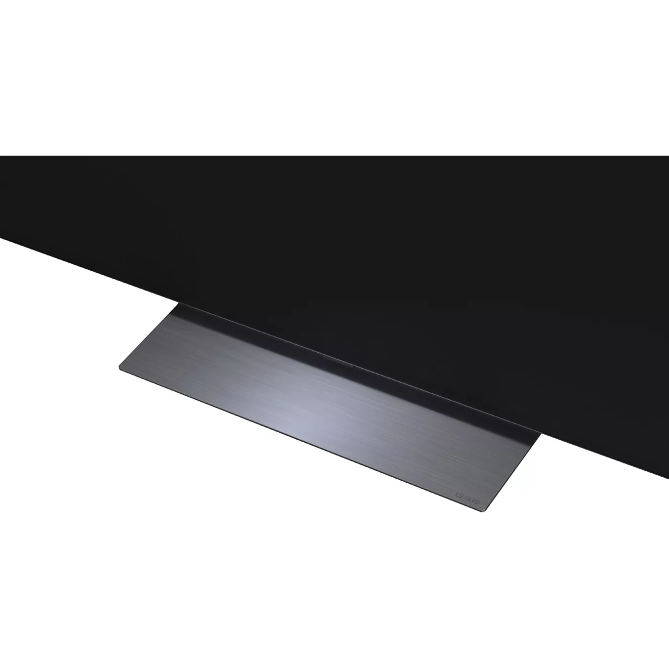 Gros plan sur le téléviseur à écran plat LG OLED77C6, doté d'un pied métallique aux lignes épurées, sur fond blanc.