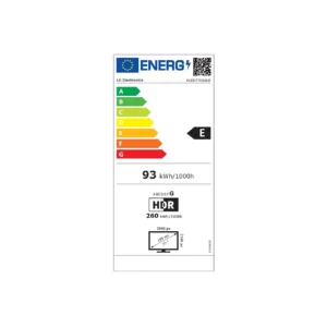 Étiquette énergétique du téléviseur LG OLED77C6 : classe E en matière d'efficacité énergétique, consommation d'énergie de 93 kWh/1 000 h, HDR inclus.