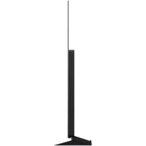 Vue de profil du téléviseur à écran plat ultra-fin LG OLED77C6 posé sur un pied, devant un fond blanc.