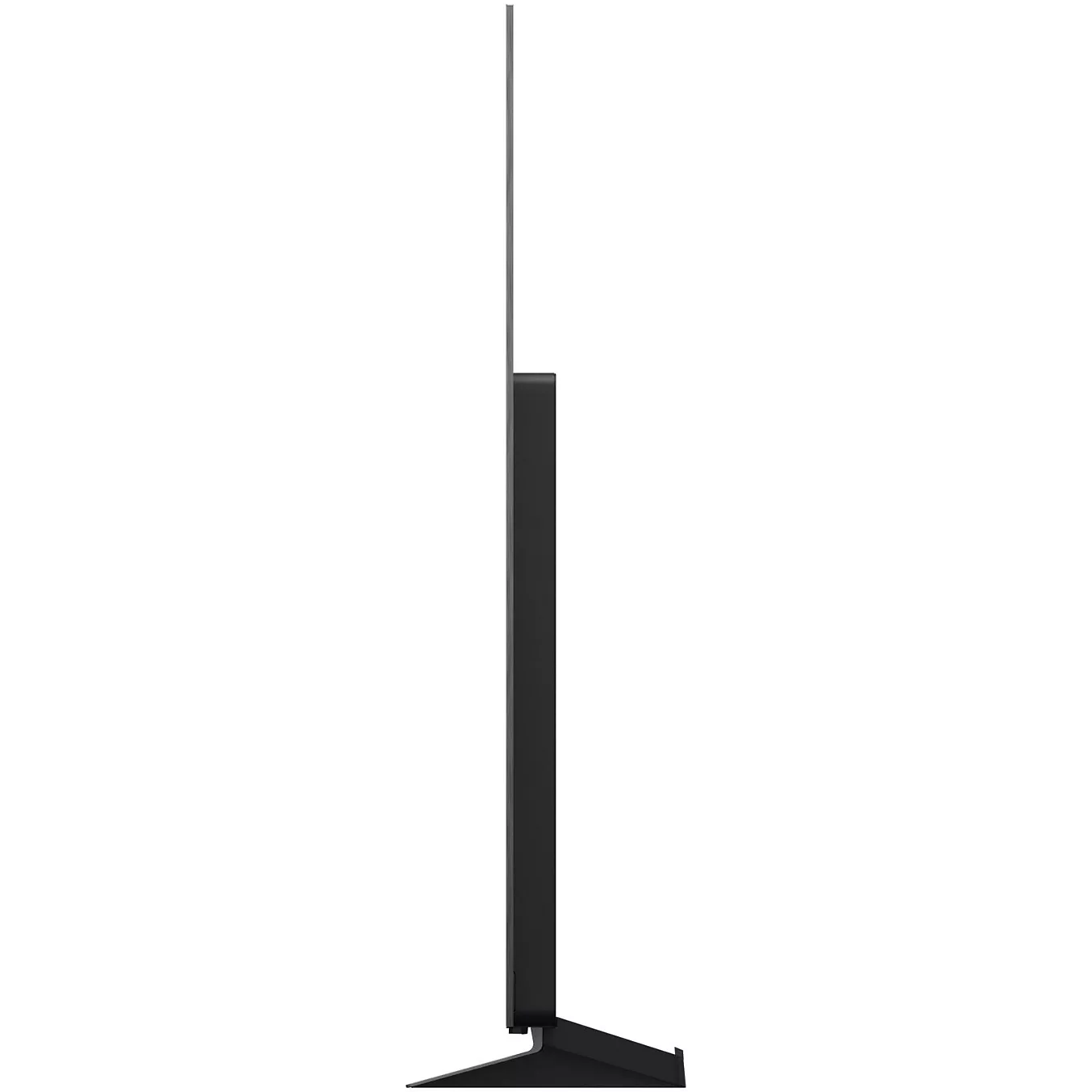 Vue de profil du téléviseur à écran plat ultra-fin LG OLED77C6 posé sur un pied, devant un fond blanc.