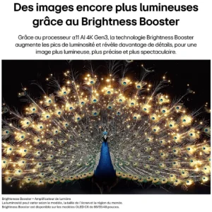 Le LG OLED77C6 offre des couleurs vives et éclatantes, à l'image des plumes chatoyantes d'un paon, avec des points lumineux qui enrichissent l'expérience visuelle.