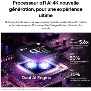 Gros plan sur une puce du processeur LG OLED77C6 α11 AI 4K montée sur un circuit imprimé, avec les statistiques de performances affichées en français.