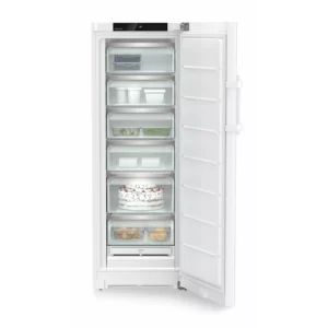 Un congélateur vertical LIEBHERR FNE5016-20, dont la porte est ouverte, montrant des tiroirs remplis d'aliments, de glaces et d'un gâteau.