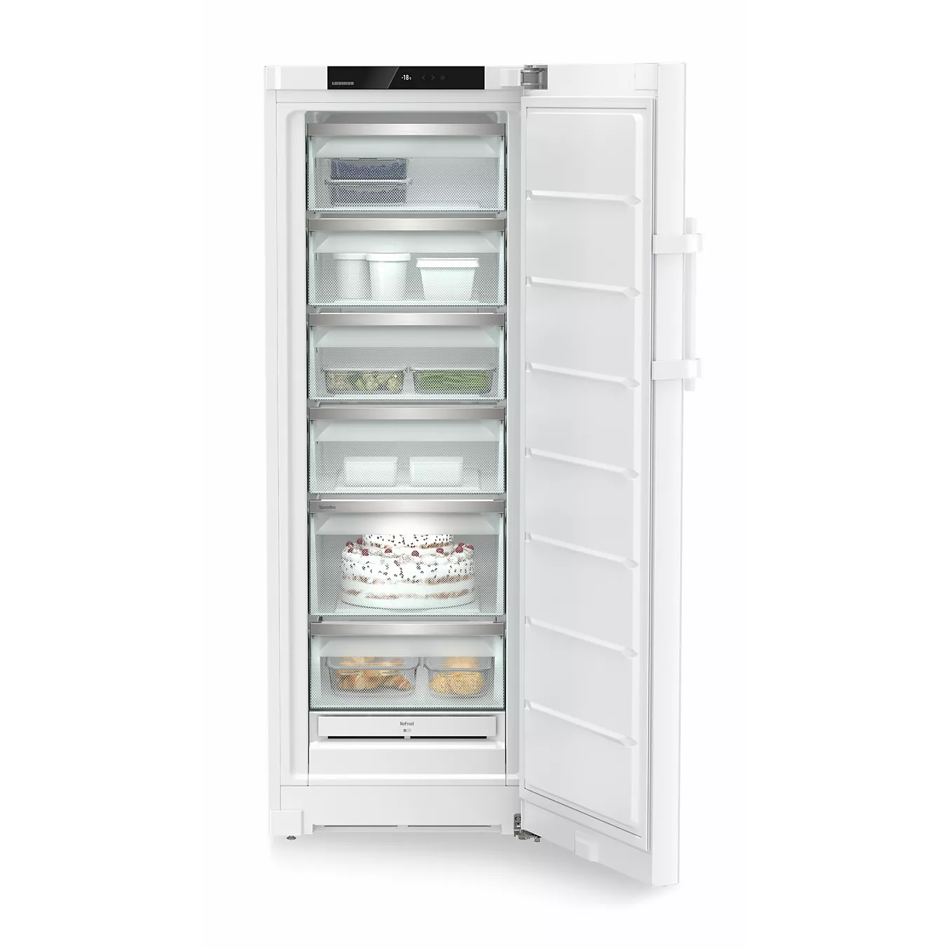 Un congélateur vertical LIEBHERR FNE5016-20, dont la porte est ouverte, montrant des tiroirs remplis d'aliments, de glaces et d'un gâteau.