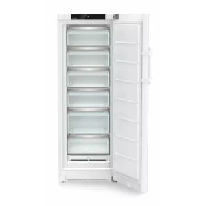 Le congélateur vertical LIEBHERR FNE5016-20, de couleur blanche, est présenté ici avec la porte ouverte, dévoilant sept tiroirs de rangement transparents à l'intérieur.