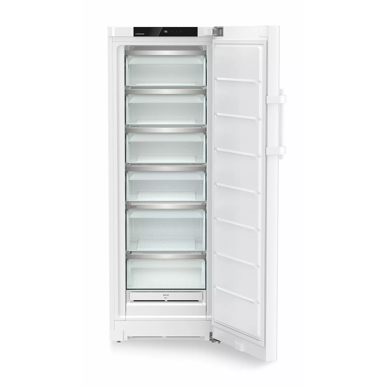 Le congélateur vertical LIEBHERR FNE5016-20, de couleur blanche, est présenté ici avec la porte ouverte, dévoilant sept tiroirs de rangement transparents à l'intérieur.