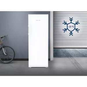 Un congélateur vertical LIEBHERR FNE5016-20 blanc est placé à l'intérieur, à côté d'un vélo, avec un symbole en forme de flocon de neige indiquant une température de -15 °C affiché sur le mur.